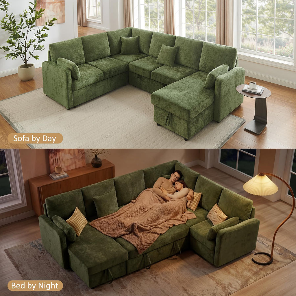 7 Seater 112'' Sectional Sleeper Sofa with Storage, Chenille Olive