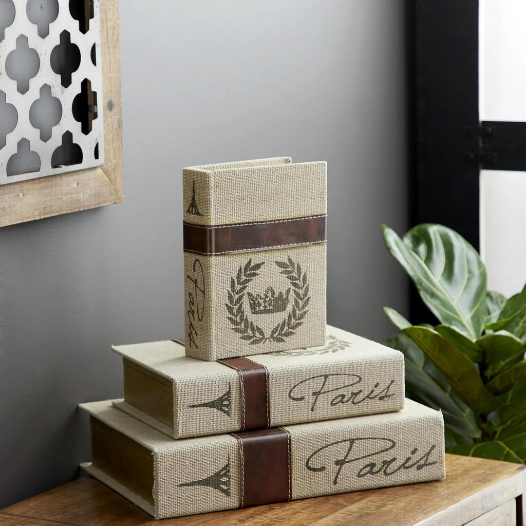 Decorative Book Boxes Set of 3 - Modern Faux Linen & Wood Hidden Storage Boxes for Coffee Table - Stackable Fake