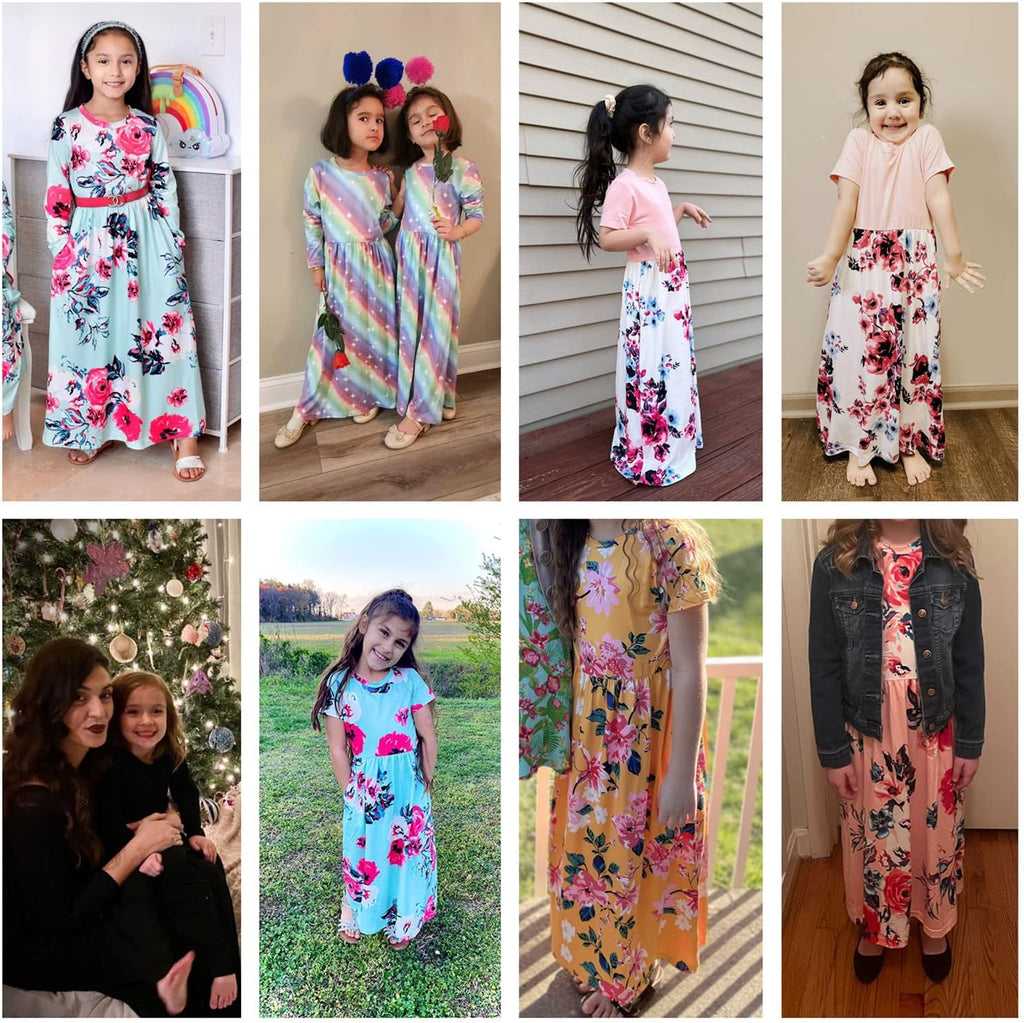 Girls Floral/Solid Maxi Dress Floor Length with Pockets Casual