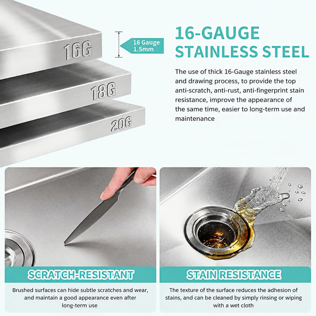 32 Inch Stainless Steel Double Sink,50/50 Undermount Double Sink | 16-Gauge T304 Double Bowl Kitchen Sink 32''x18'',9