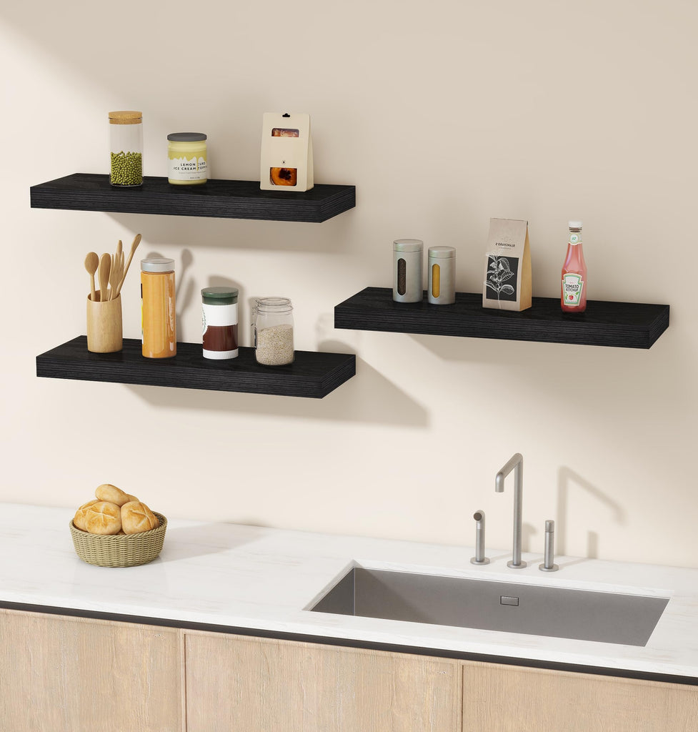 Black Floating Wall Shelves 24in Deep Set of 3 Holds 37lbs