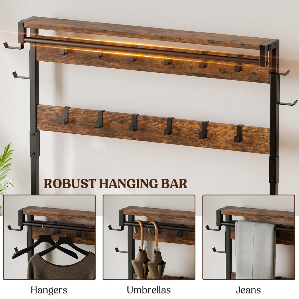 Coat Rack, 39.4" Hall Tree with Shoe Storage Bench, Rustic Brown