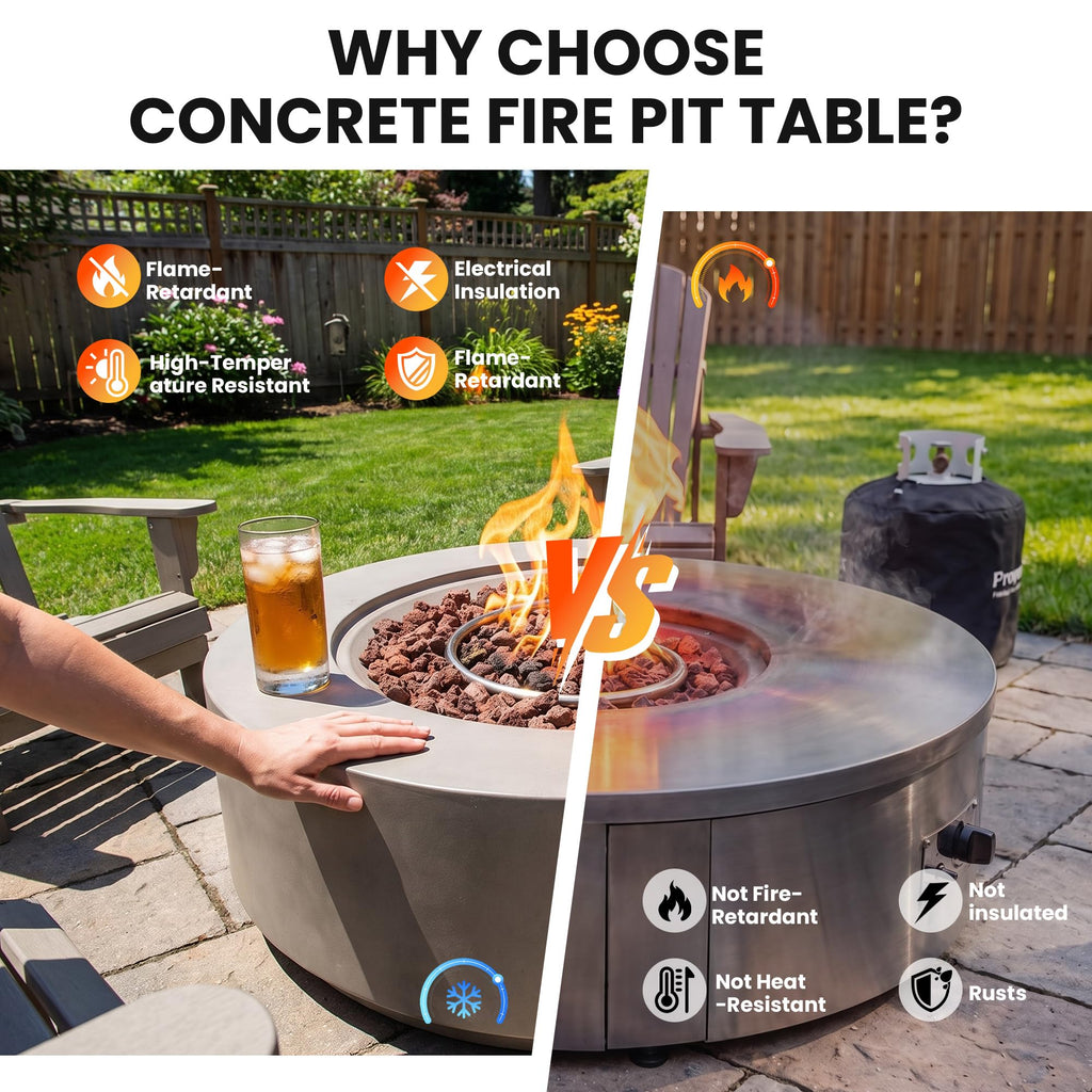Outdoor 42" Fire Pit Table, 50000 BTU Gray Patio Fire Table, Concrete Round Gas Fire Table w Lava Rocks