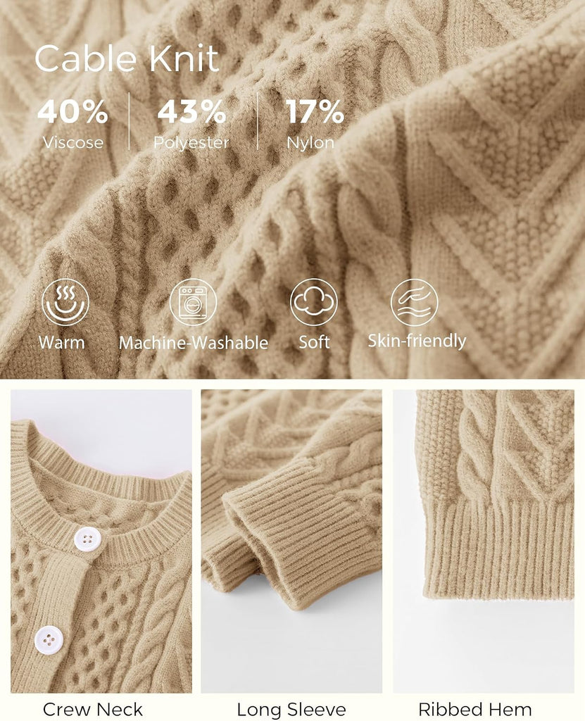 Long Sleeve Chunky Cable Knit Cardigan for Girls Button Front Uniform School Sweater