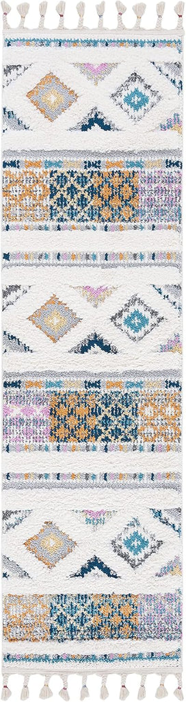 Moroccan Fringe Shag Collection Runner Rug - 2'2" x 8', Ivory & Navy, Boho Design, Non-Shedding & Easy Care, 1.2-inch