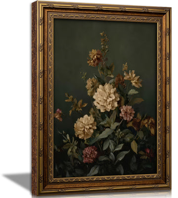 Vintage Gold Framed Moody Floral Wall Art, Dark Green Botanical Canvas Print