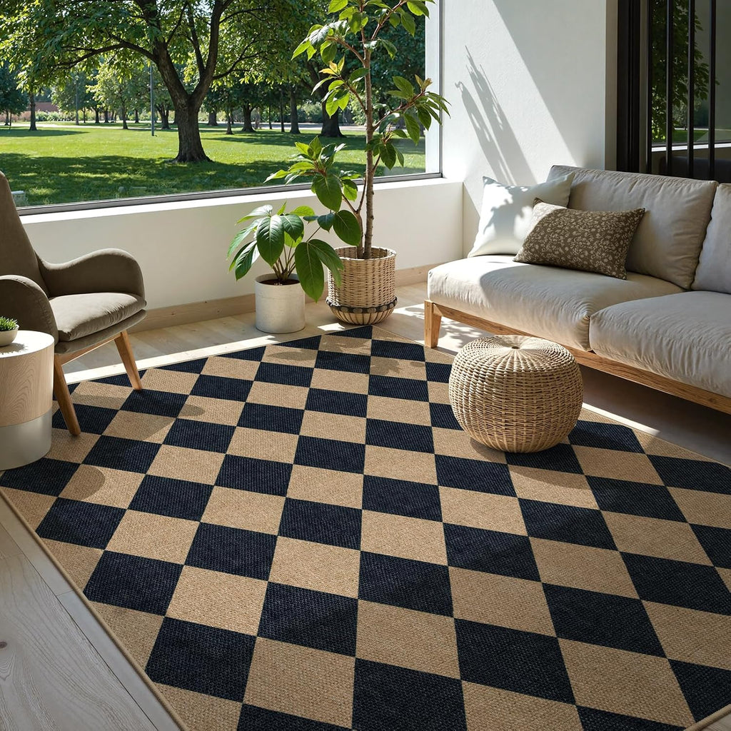 Checkered Easy Jute 5x7 Outdoor Rug, Black Washable Rugs 5x7 Neutral Indoor Outdoor Carpet, Non Slip Stain Resistant