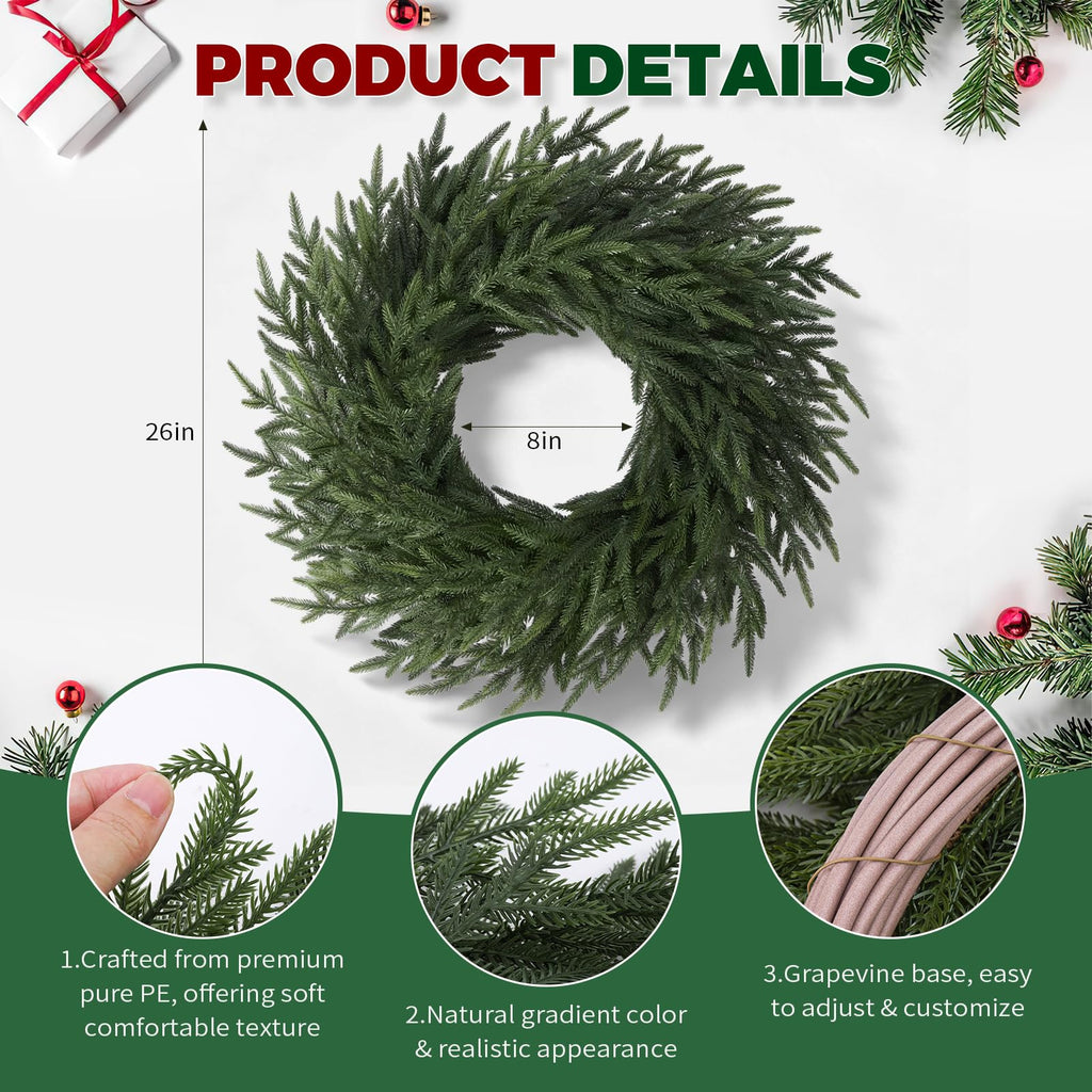 26" Christmas Norfolk Pine Wreath, Bonus Optional Welcome Sign