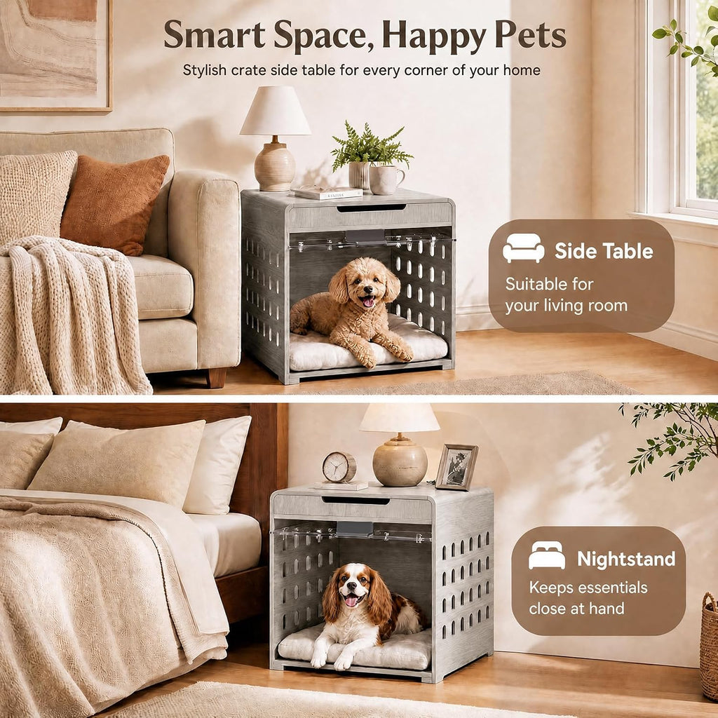 Modern Dog Crate Furniture Wooden Kennel Charging Station End Table Grey