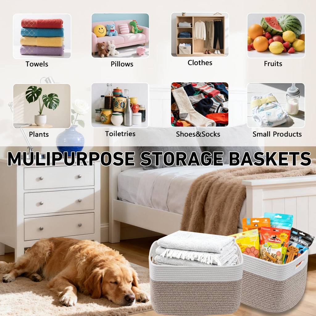 3 Pack Woven Baskets, Storage Baskets for Shelves with Handles