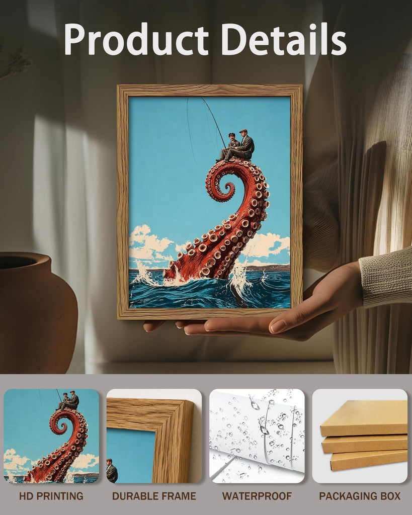 Framed Funny Octopus Canvas Wall Art Print Picture, Whimsical Sea Life Wall Decor Painting, Surreal Fisherman Sitting