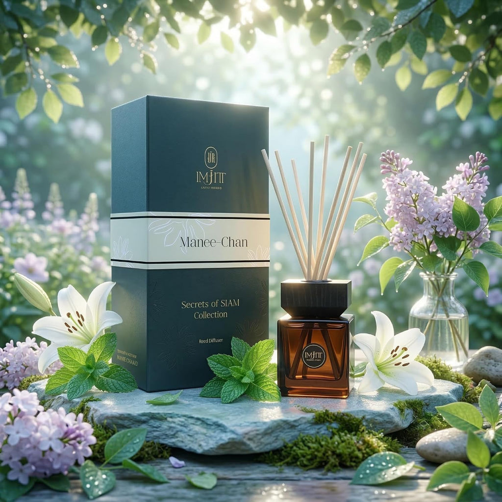 Manee-Chan by : Authentic Thai Aromatherapy Diffuser & Premium Reed Diffuser Set. Refreshing Peppermint, Lily