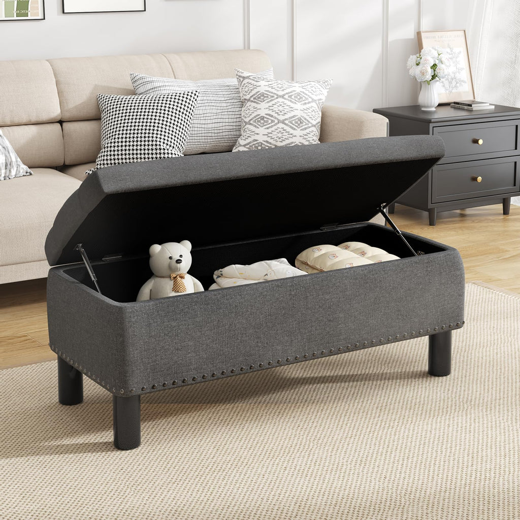 Storage Bench, Upholstered Linen Ottoman Bench with Button-Tufted, Folding Bedroom Bench with Wood Legs, Entryway