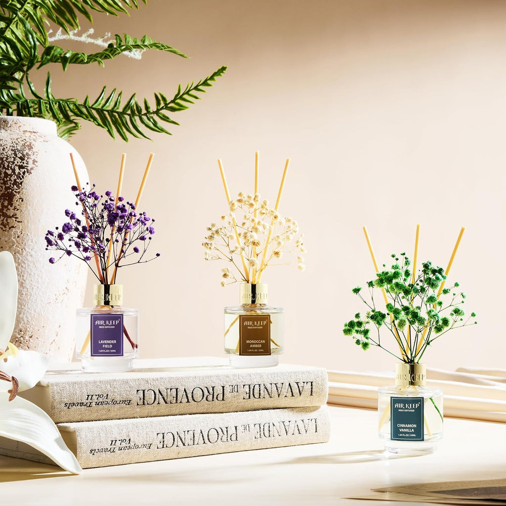 Reed Diffuser, Cinnamon Vanilla Lavender Field Moroccan Amber Oil Reed Diffusers Living Room Office - Set of 3