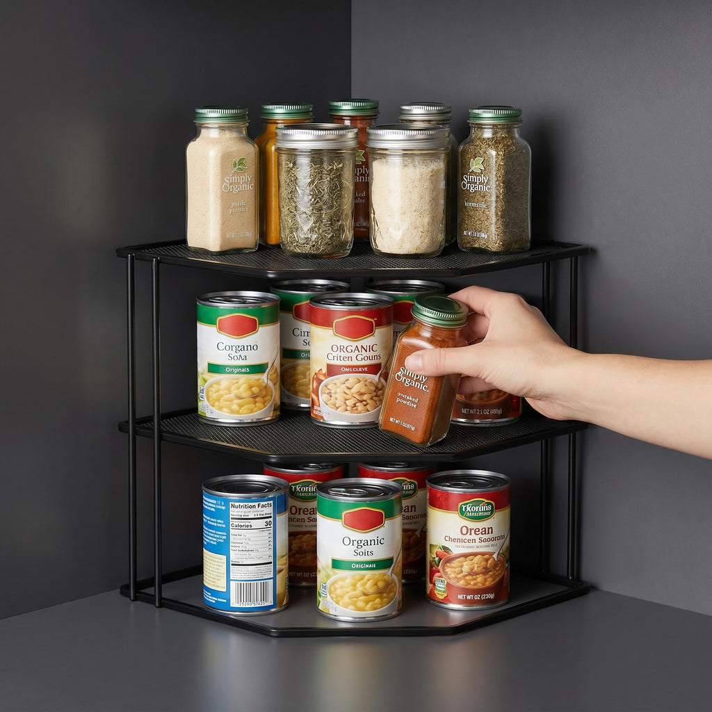 3-Tier Corner Shelf Cabinet Organizer, 9 x 9 x 7.5 Inches Metal Plate Rack Dish Organizer Counter, Cupboard, Pantry