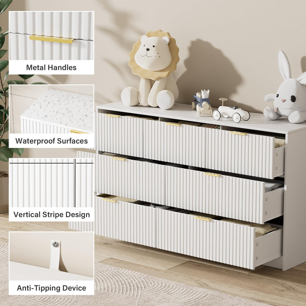 White 7 Drawer, 55.1" Wide Fluted Wood