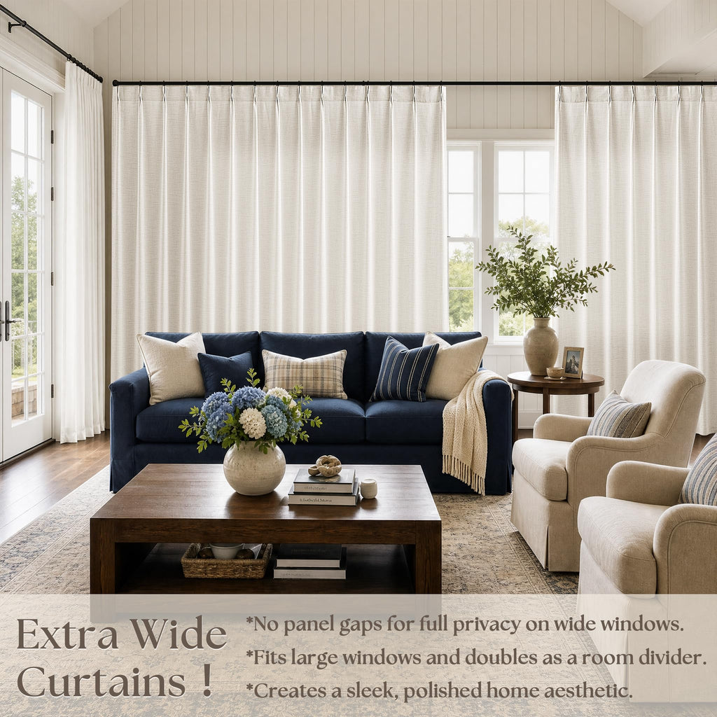100 Inch Wide Curtains Extra Wide Pinch Pleated Linen Cream Drapes 100Wx90L