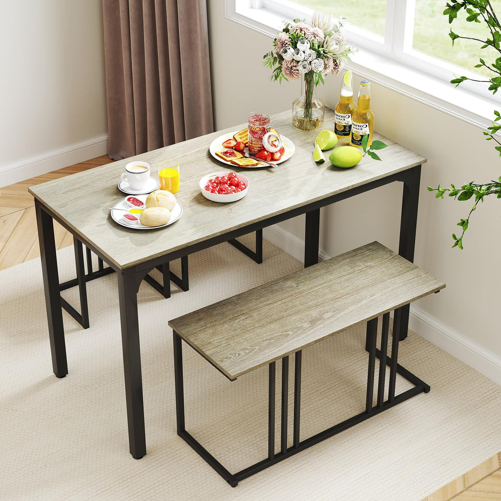 4-Piece Dining Table Set for 4, Rectangular Wood Dining Table with Bench & 2 Stools, Industrial Kitchen Table Set