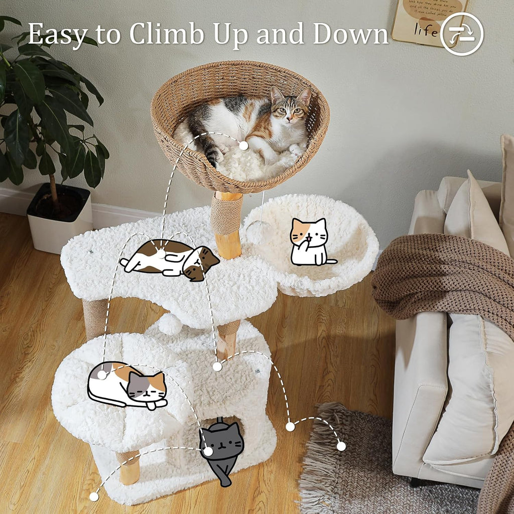 Boho Cat Tree for Large Cats, 48.5" Flower Cat Tower, White