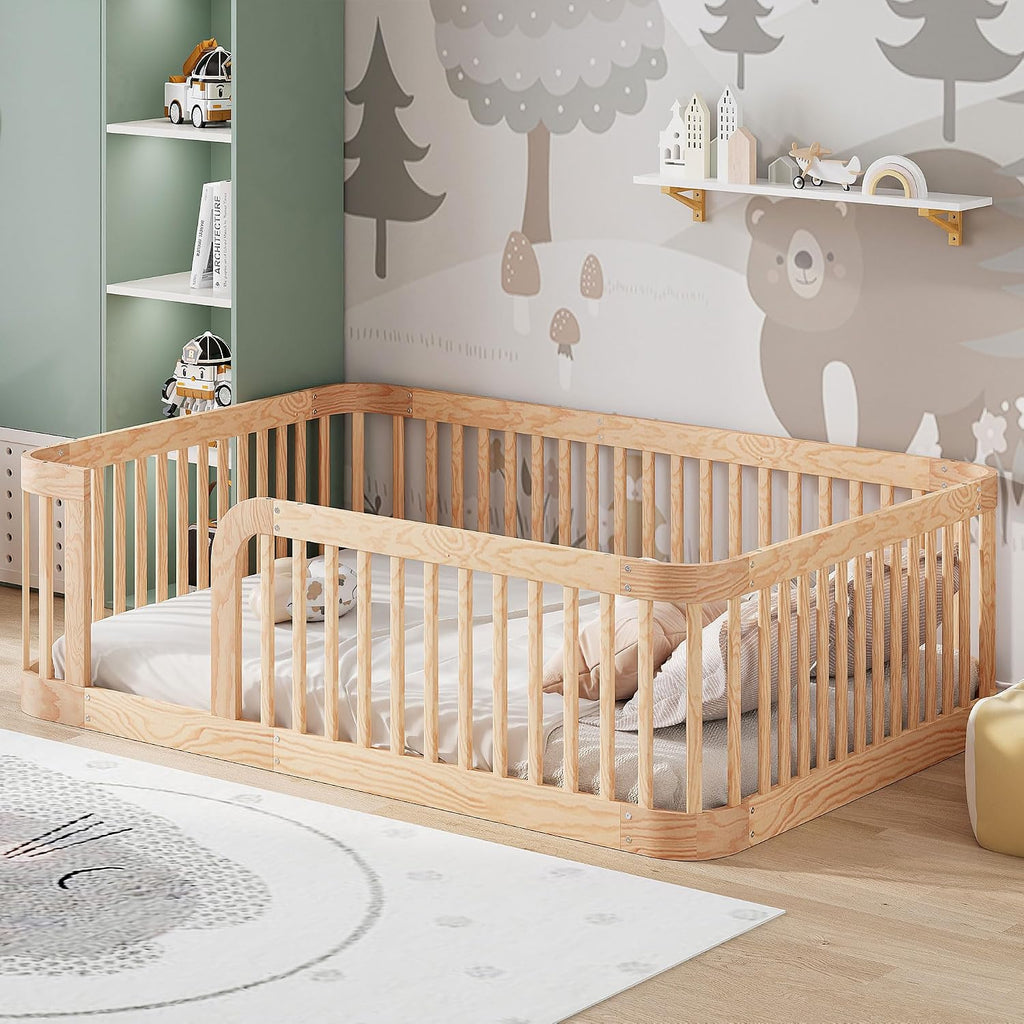 Floor Bed with High Fence & Entrance, Natural Floor Bed for Kids