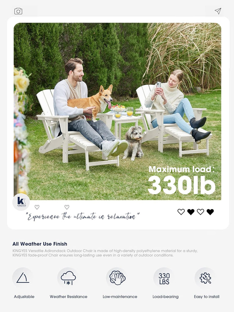 Folding Adjustable Adirondack Chair with Ottoman & 2 Cup Holders Set of 2, HDPE Adirondack Recliner Chair with