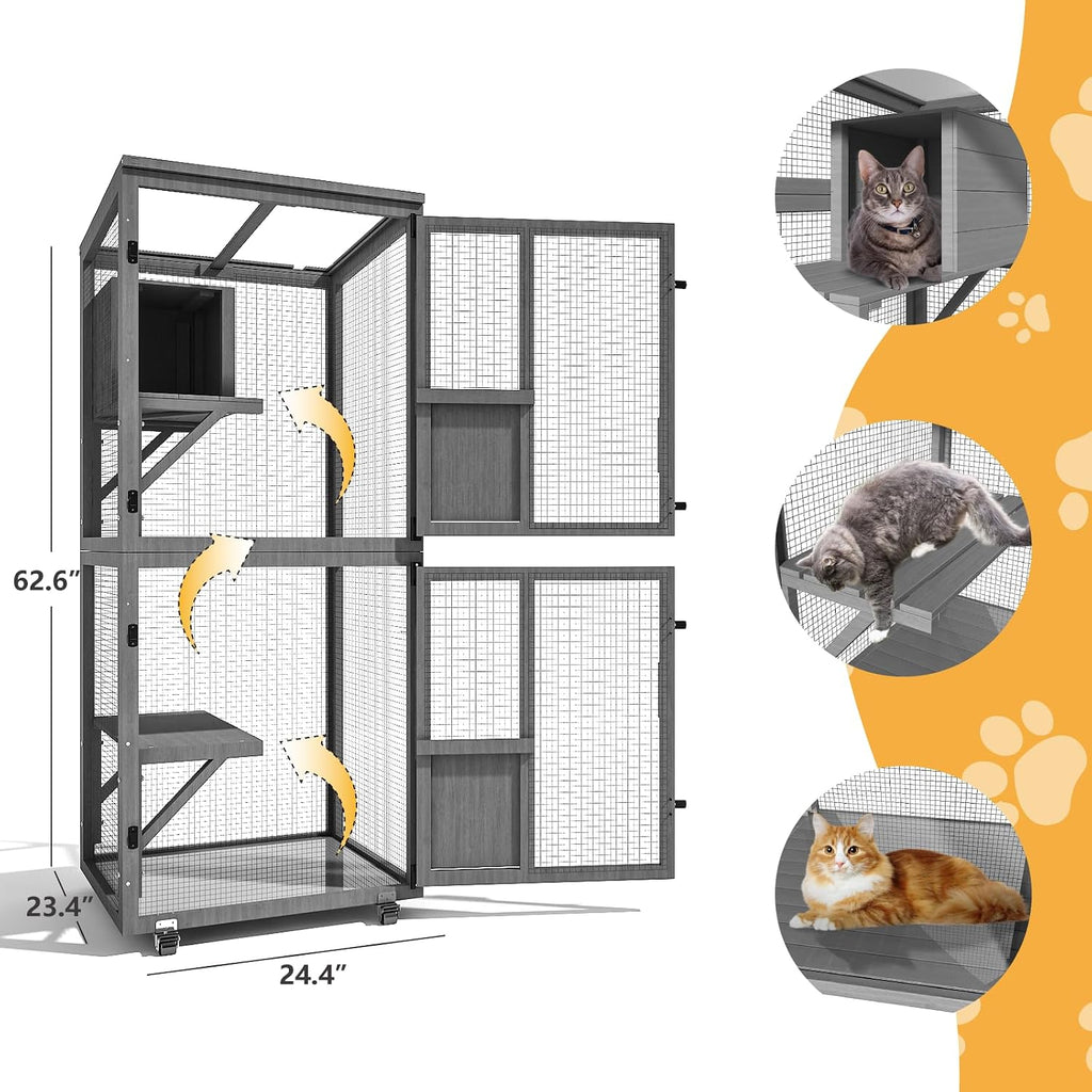 4 Tiers Catio Outdoor Cat Enclosure, Indoor Cat House with 4 Wheels, Grey