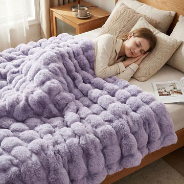 Soft Fluffy Oversized Bubble Faux Rabbit Fur Throw Blanket 60" x 70", Reversible Solid Thick Warm Fuzzy Blanket for