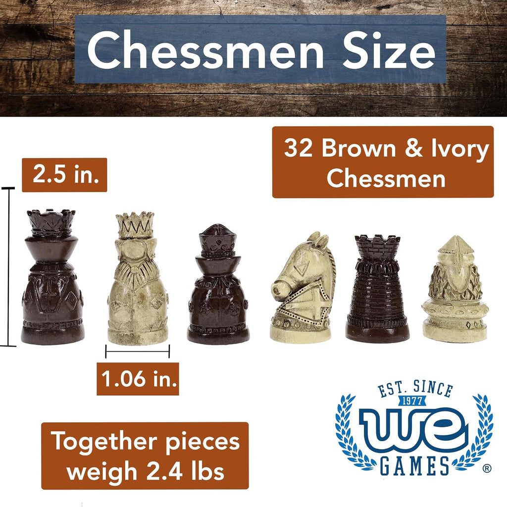 Medieval Themed Chess Set - Wooden Chess Board with Intricate Polystone Chess Pieces, Chess Sets for Adults, 15 in.