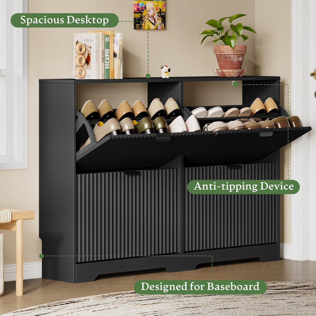 Shoe Storage Cabinet with 4 Flip Drawers, Hidden Slim Wood Shoe Organizer with Modern Fluted Panel, Freestanding