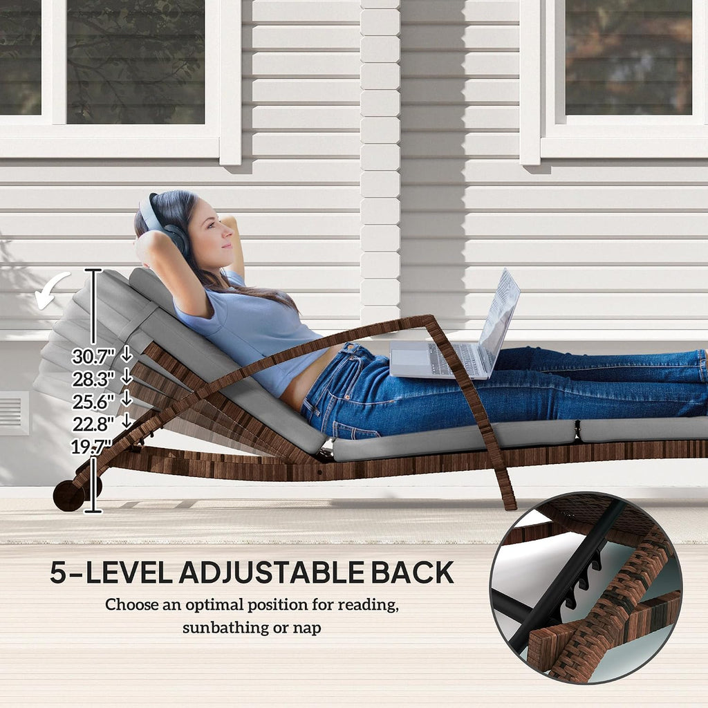 Wicker Chaise Lounge Chair Outdoor 5-Position Reclining Gray | Set of 2, Pool Lounge Chairs with Wheels, Rattan