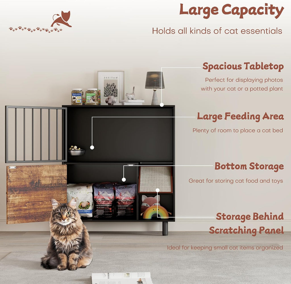 Dog Proof Cat Feeding Station, Cat Feeding Station Furniture with Storage and Cats Scratching Board, 2 Raised Pet