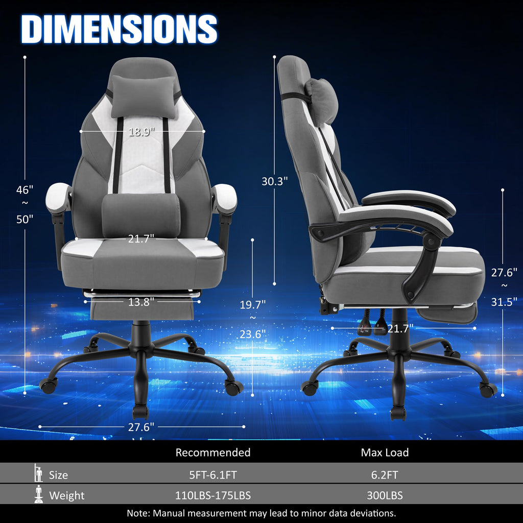 Gaming Chair for Adults with Massage Lumbar Support, Fabric Grey