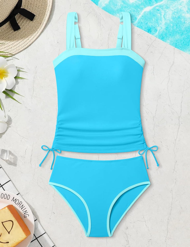 Teen Girls Tankini Swimsuit 2 Piece Bathing Suit Color-Block Drawstring Girls' Swimwear