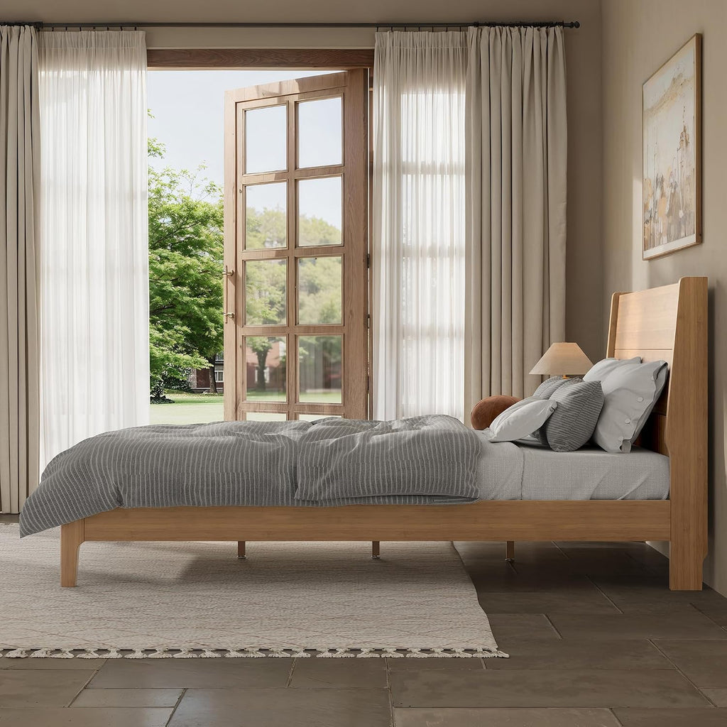 Bamboo Platform Bed Frame with Tall Headboard, Solid Bamboo Bed Frame with Support Slats, Modern Low