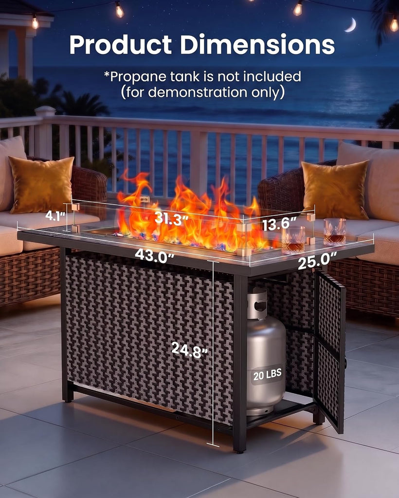 43′′ Fire Pit Table, Outdoor Propane Fire Pit Table with Premium Ceramic Tabletop, Glass Wind Guard, Lid, Glass Rock