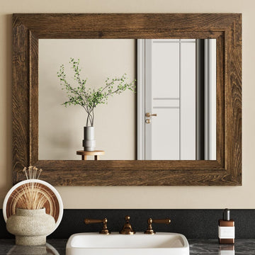 Rustic Wall-Mounted Vanity Mirror, Solid Wood Frame Bathroom Mirror, Farmhouse Style, Horizontal/Vertical Hanging
