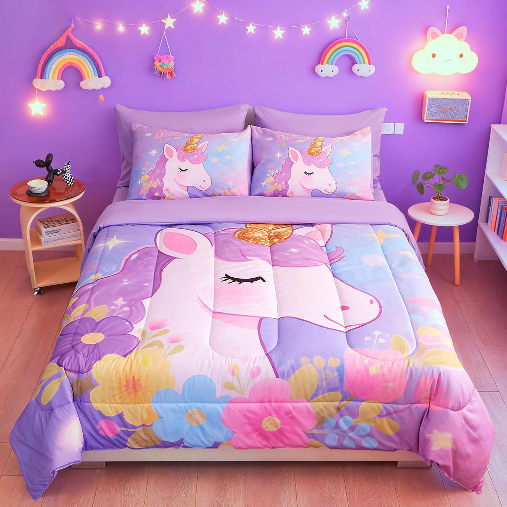 Twin Comforter Set for Girls 5 Piece Unicorn Bedding Set for Girls Super Soft Microfiber Bed Set Bed in a Bag with