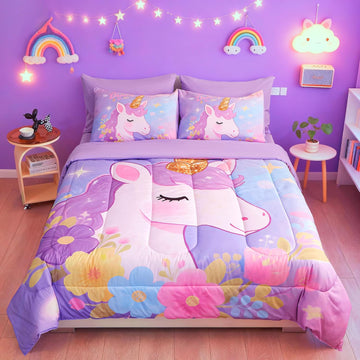 Comforter Set for Girls 5 Piece Unicorn Bedding Set for Girls Super Soft Microfiber Bed Set Bed in a Bag with