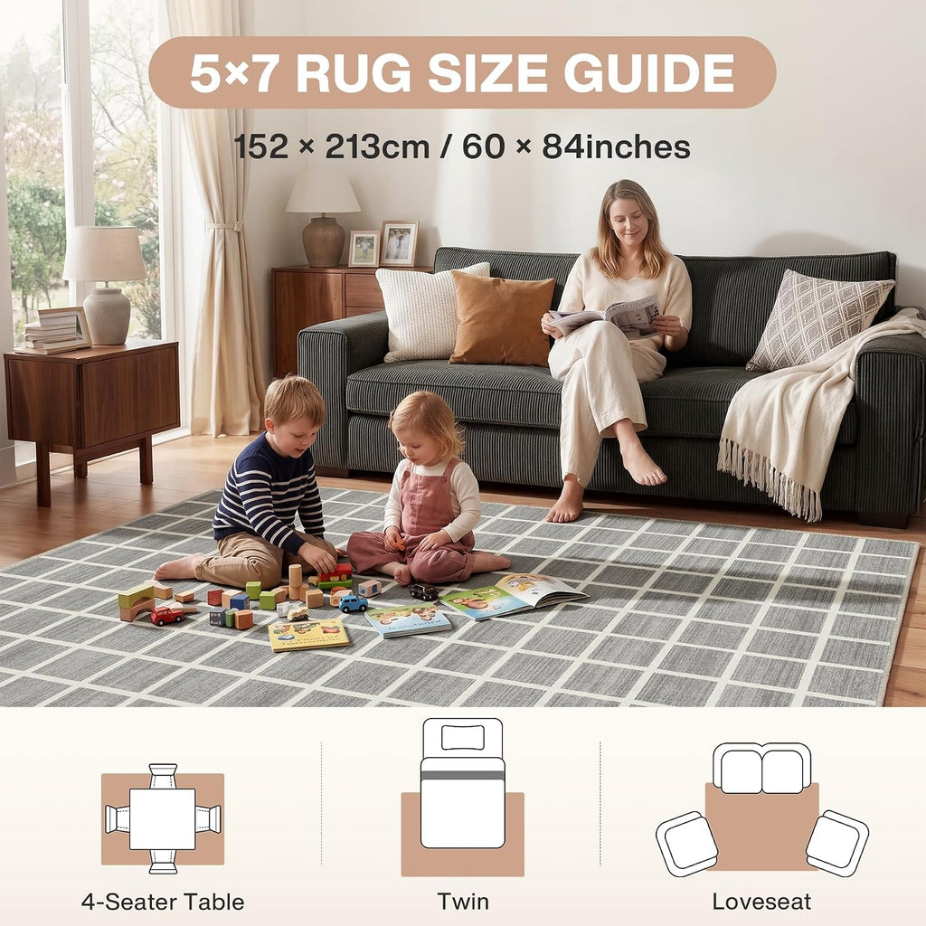 Grey Modern Plaid Geometric Washable Rug