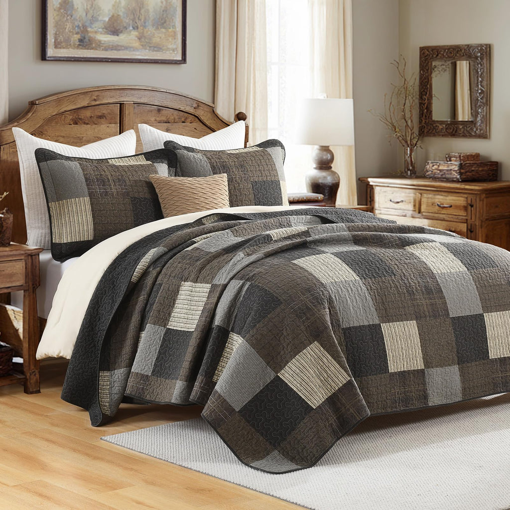 Quilts, Classic Plaid Design, Charcoal/Coffee Brown/Khaki