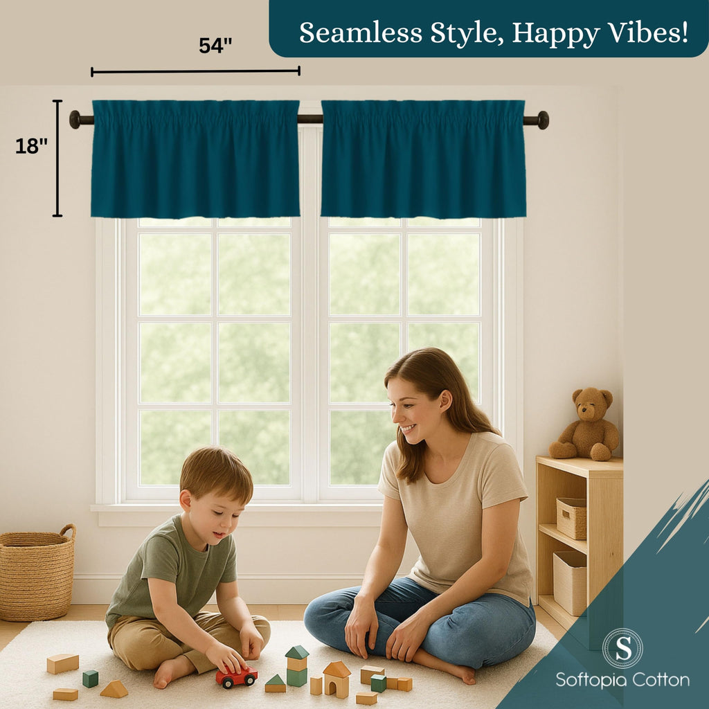 Teal Green Valance Curtains 2 Pack, 54x18 Inches, 100% Cotton, Rod Pocket Window Valances, Semi Sheer Short Curtain