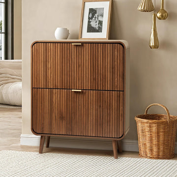 31.5" Fluted Shoe Cabinet with 2 Flip Drawers, Slim Freestanding Shoe Cabinet Organizer, Narrow Shoes Storage Rack