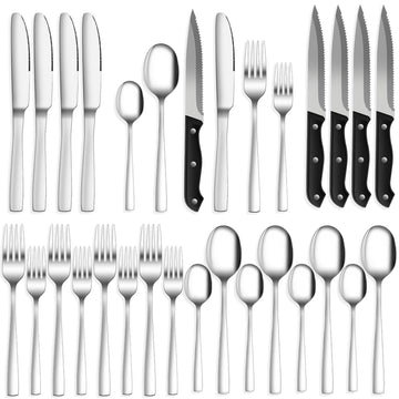 24-Piece Silverware Set Flatware Set for 4, Mirror Polished Stainless Steel with Steak Knives - Dishwasher Safe