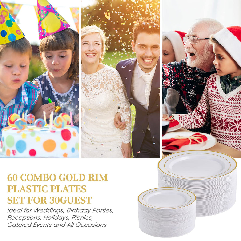Gold Plastic Plates Set of 60, Disposable Plates with Gold Rim