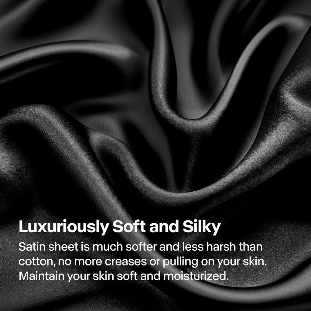King Sheets Set, Luxury Soft Black Satin Sheets for Hair and Skin, Similar to Silk Bed Sheets Set 4 Pieces with 1