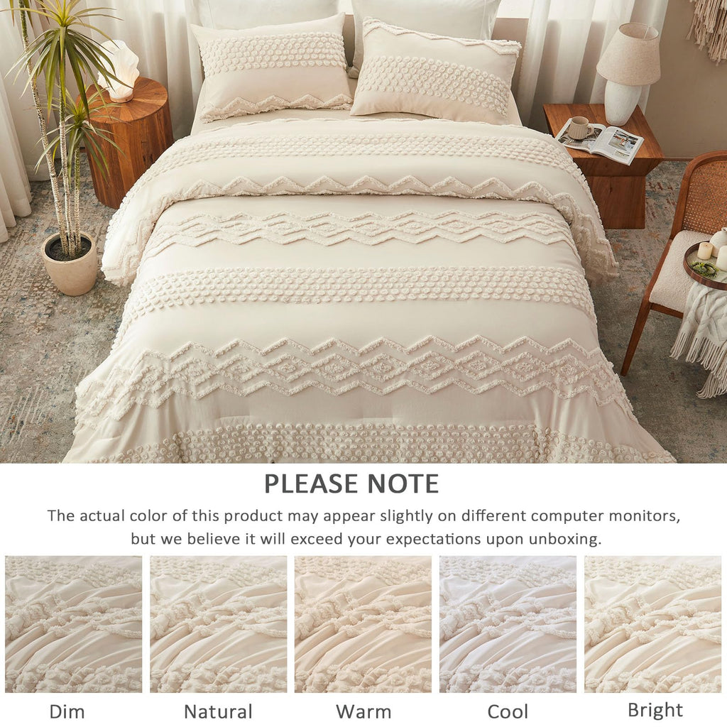 Beige Tufted Comforter Set, 3 Pieces Full Size Boho Bedding Set
