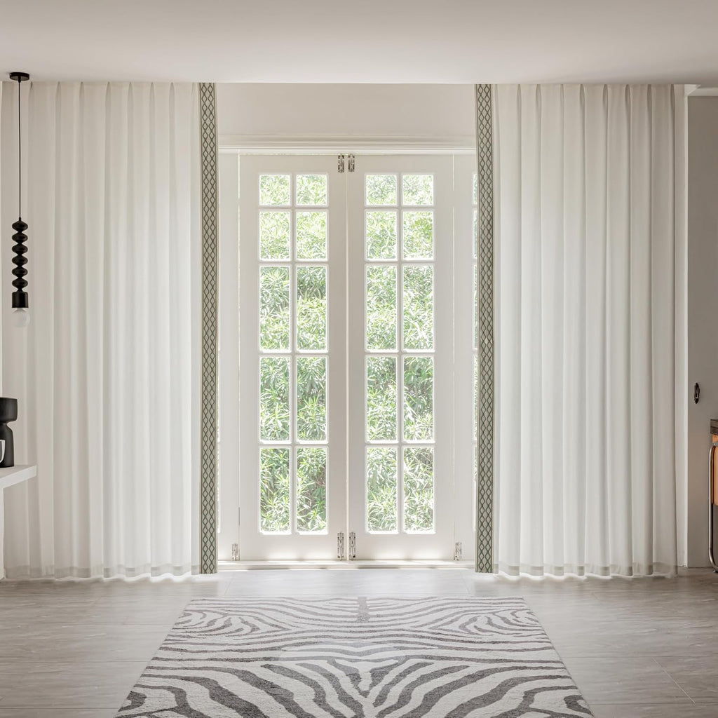 White Colour Linen Curtain Panels with Embroidered Trim Design, Pinch Pleat Curtains, Semi-Sheer Curtains for Sliding
