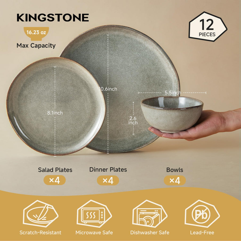 Stoneware Dinnerware Sets for 4, Reactive Glaze Plates and Bowls, Grey