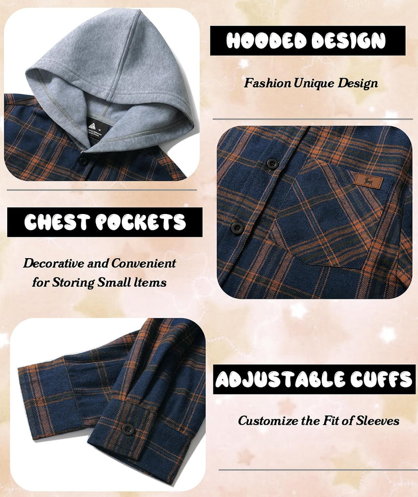 3 Pack Boys Girls Plaid Flannel Shirts Unisex Kids Long Sleeve Casual Button Down Shirts with Hood