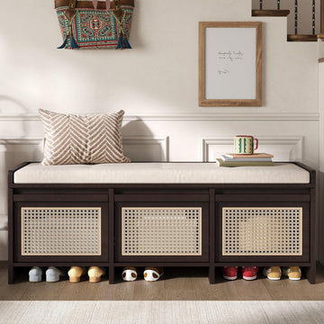 48" Shoe Storage Bench with Cushion, 2-Tier Entryway Bench with 3 Rattan Storage Drawers & Lift Top Storage, Retro